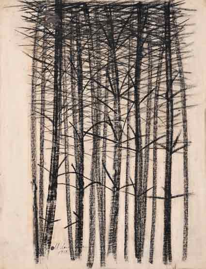 The artist's sketch of an overstocked monoculture of the pine. Such stands will be declined due to affection with pest insects and phytopathogens. The drawing of M.D.Lomakin